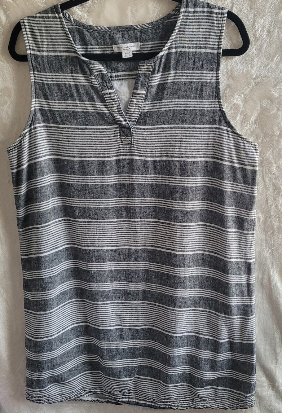 Women's Beach Lunch Lounge Gray Striped Cotton-Linen Sleeveless Dress Size Large